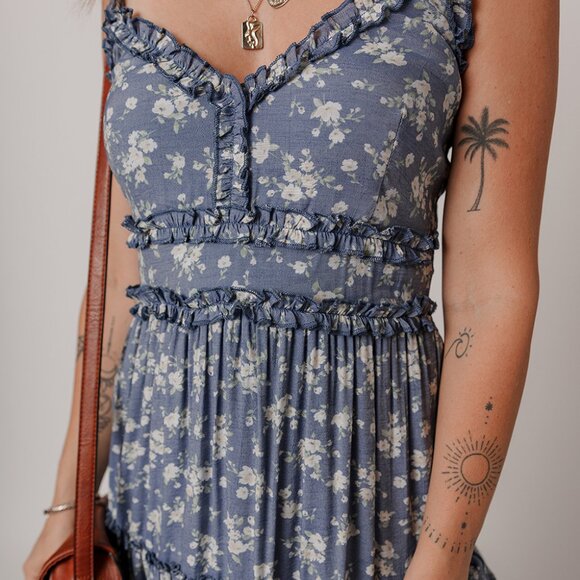 B266 Blue Floral Spaghetti Strap Frilled V Neck Tiered Midi Dress - Picture 2 of 16